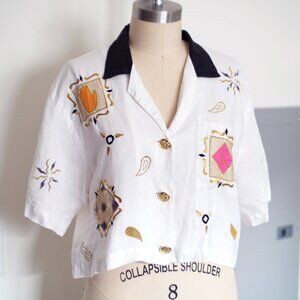 Vintage Kenar 100% Linen Embroidered Button-Down Cropped Blouse Size Medium